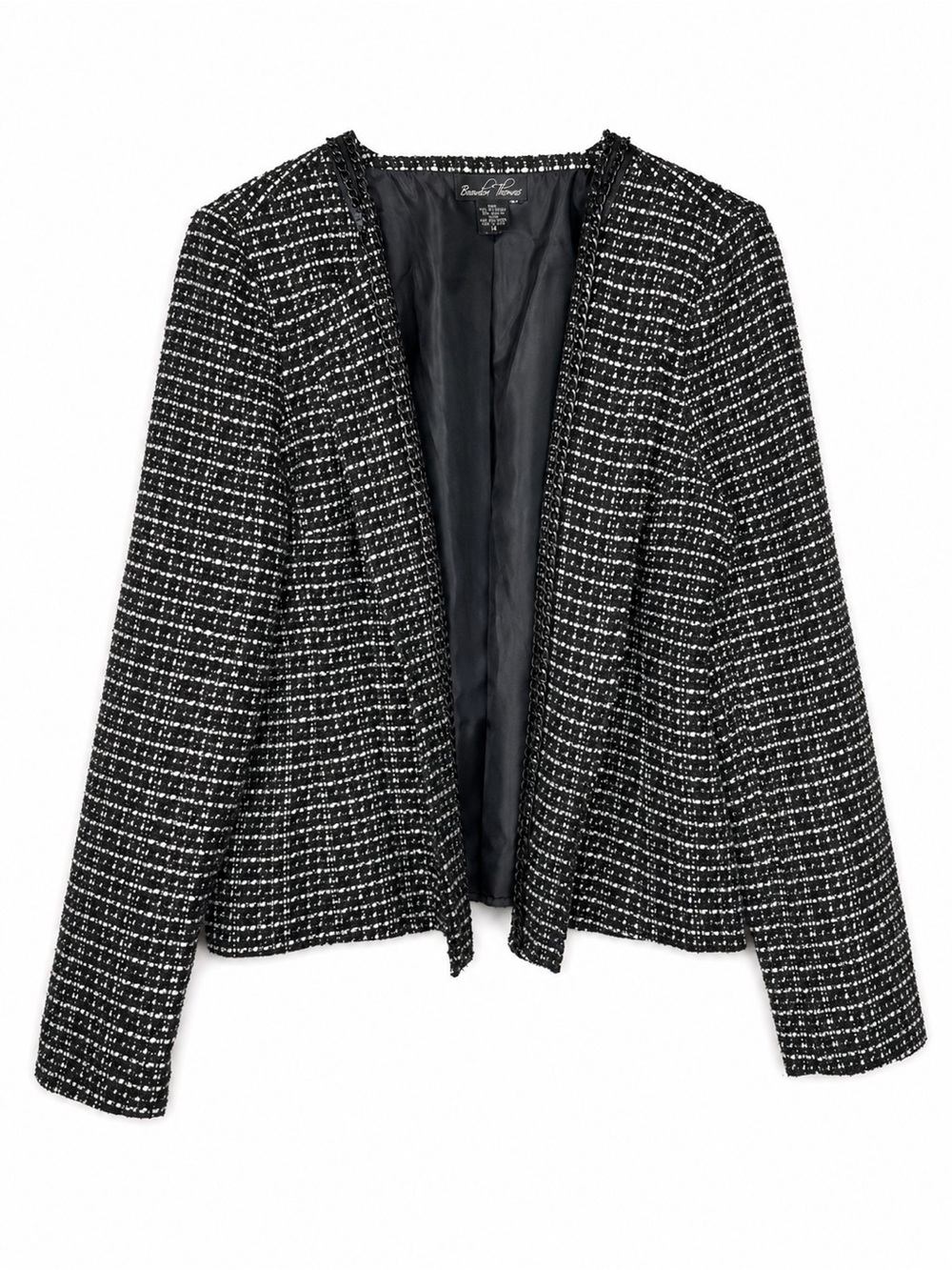 Brandon Thomas Black White Tweed Open Front Blazer Jacket Chain Trim Size 14
